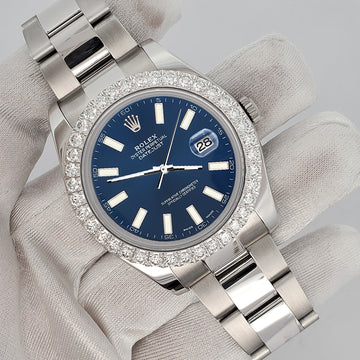 Rolex Datejust II 41mm 3.8ct Diamond Bezel/Blue Index Dial Steel Watch 116300 Box Papers