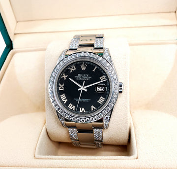 Rolex Datejust 36mm 5.9ct Diamond Bezel/Lugs/Bracelet/Black Roman Dial Steel Watch 116200 Box Papers