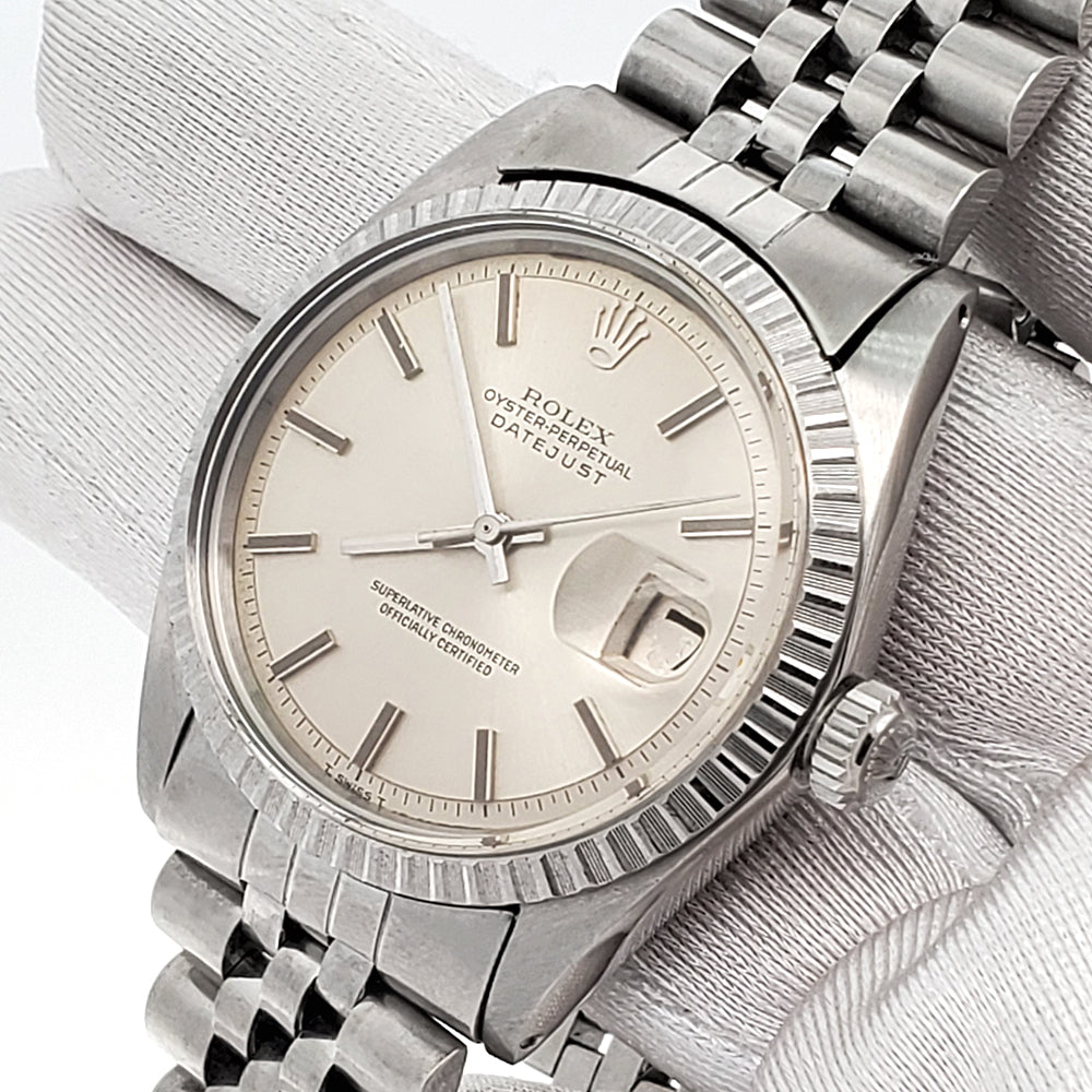 Rolex Datejust 36mm Silver Index Engine Turned Bezel Steel Jubilee Watch 1603 Service Papers