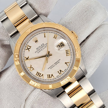 1996 Rolex Datejust Turnograph 36mm Two Tone Thunderbird Ivory Pyramid Roman Dial Watch 16263