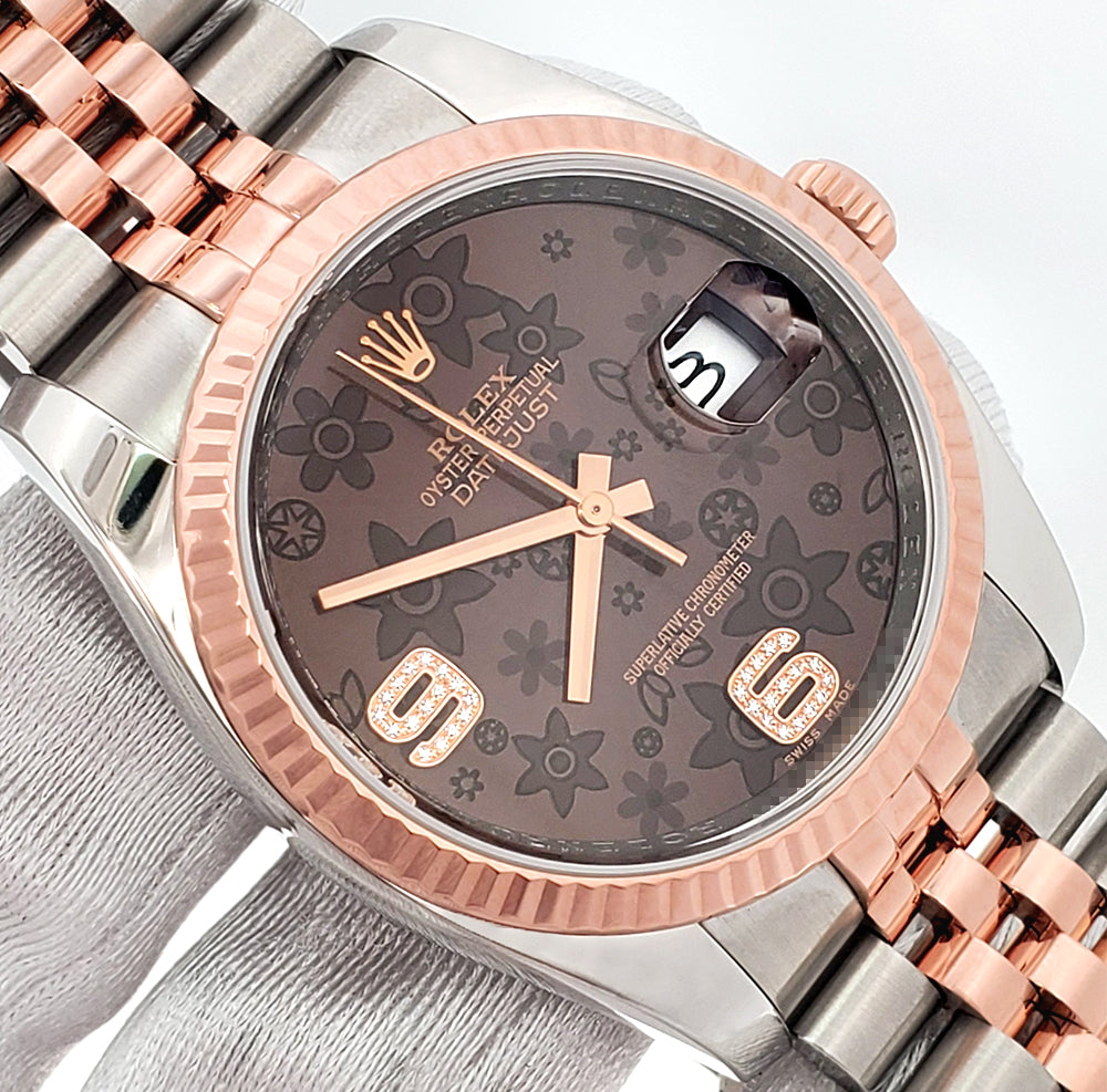Rolex Datejust Factory Chocolate Floral Diamond Dial 2-Tone Rose Gold/Steel Jubilee 36mm Watch 116231