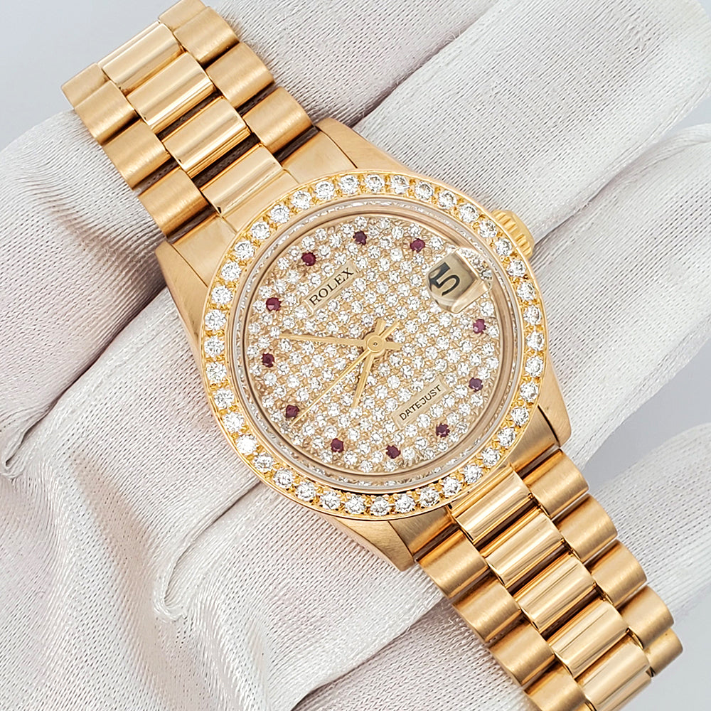 Rolex President Datejust 31mm Watch Pave Diamond Dial/Bezel Yellow Gold 68278