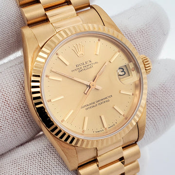 Rolex President Datejust 31mm Champagne Index Dial Fluted Yellow Gold Watch 68278