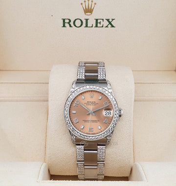 Rolex Datejust Midsize 31mm Salmon Arabic Dial 3.5ct Diamond Bezel/Lugs/Bracelet Oyster Watch