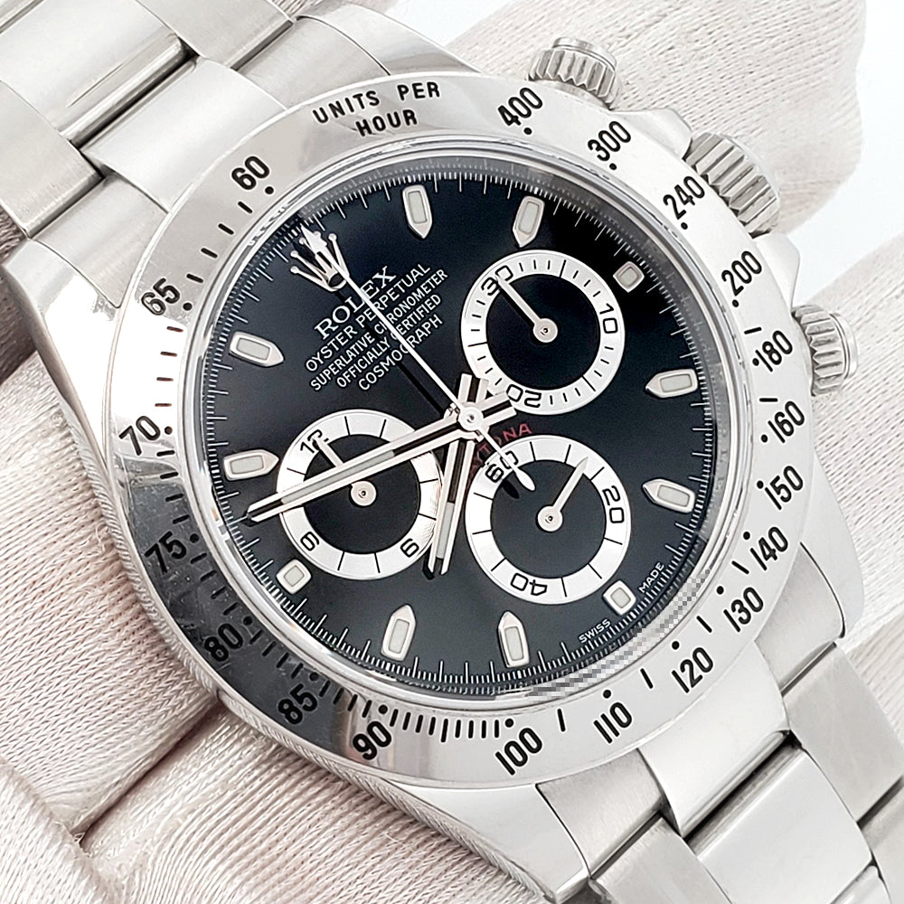 Rolex Cosmograph Daytona Engraved Rehaut 40mm 116520 Black Dial Steel Watch Box Papers