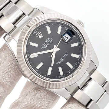Rolex Datejust II 116334 Black Index Dial White Gold Fluted Bezel Steel 41mm Watch Box Papers