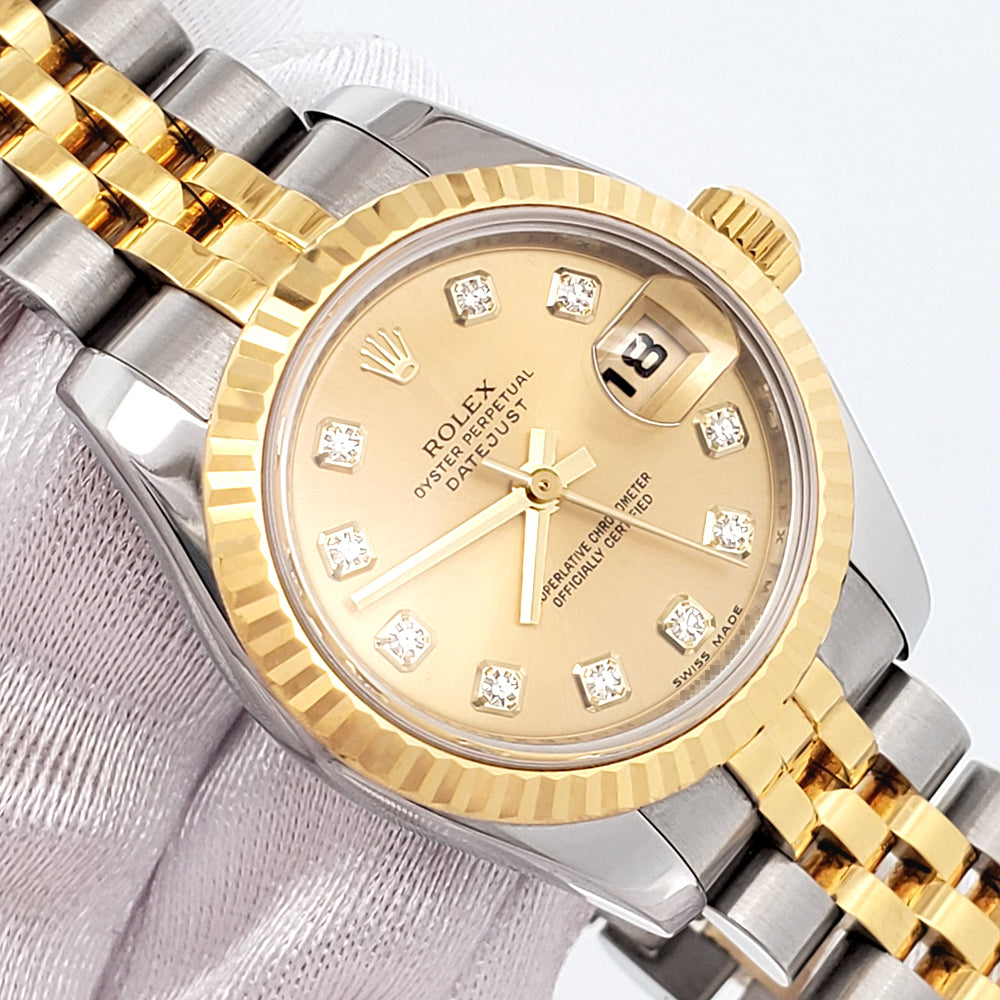 Rolex Datejust 26mm Factory Champagne Diamond Dial 2-tone Yellow/Gold Jubilee Watch 179173 Box Papers