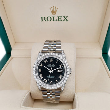 Rolex Datejust 116200 36mm 3.9CT Diamond Bezel/Lugs/Black Roman Dial Steel Watch