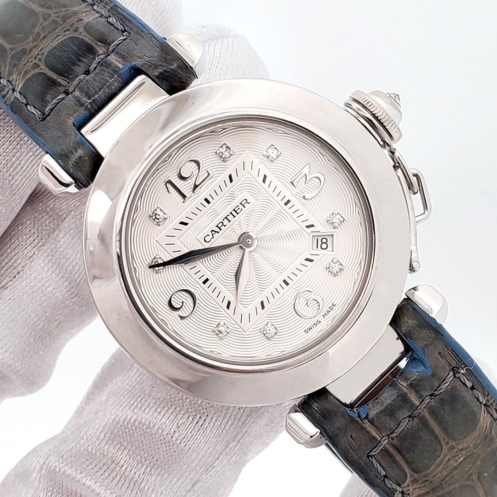 Cartier Pasha White Gold Factory Arabic Diamond Dial 32mm Watch 2398