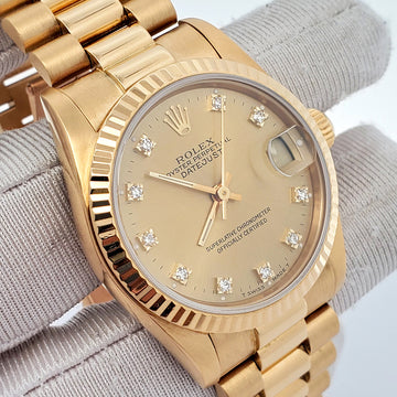 Rolex President Datejust 31mm Factory Champagne Diamond Dial Yellow Gold 68278 Watch Box Papers