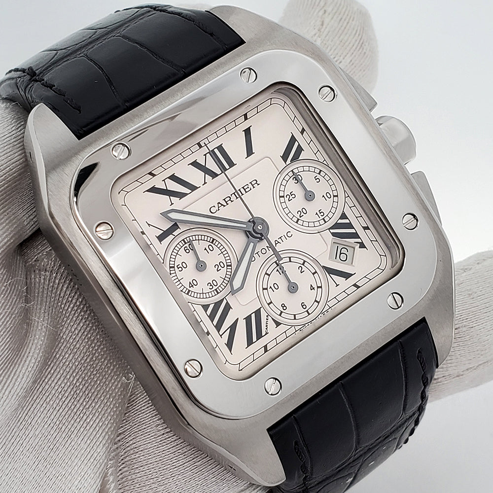 Mint Cartier Santos 100 XL Chronograph White Roman Dial Steel Watch W20090X8 2740 Box Booklet