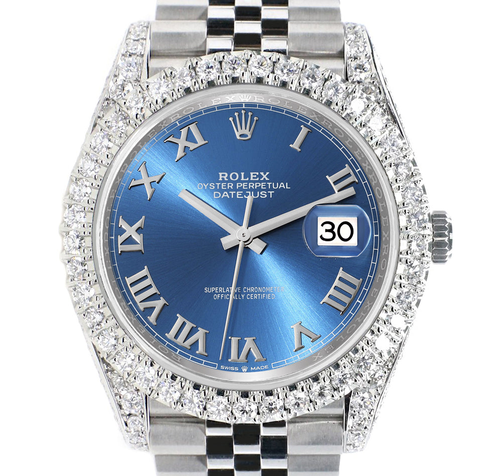 Rolex Datejust 41 5.9CT Diamond Bezel/Lugs/Sides/Blue Roman Dial Jubilee Watch 126300 Box Papers