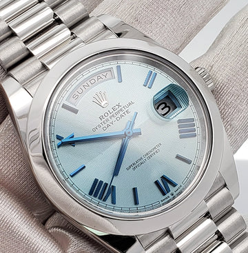 2020 Rolex President Day-Date Ice Blue Roman Dial Platinum 40mm Watch 228206 Box Papers
