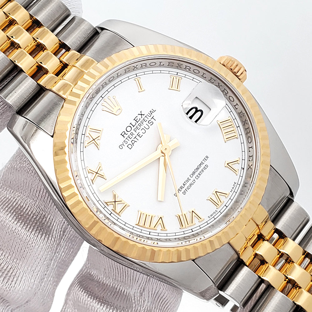 Rolex Datejust 36mm White Roman 2-Tone Yellow Gold/Steeel Jubilee Watch 116233 Box Papers