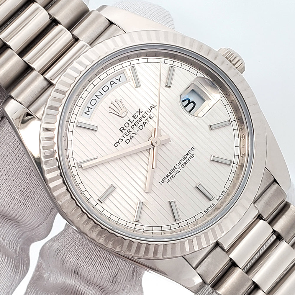 2017 Rolex President Day-Date Silver Stripe Motif Dial White Gold 40mm Watch 228239 Box Papers
