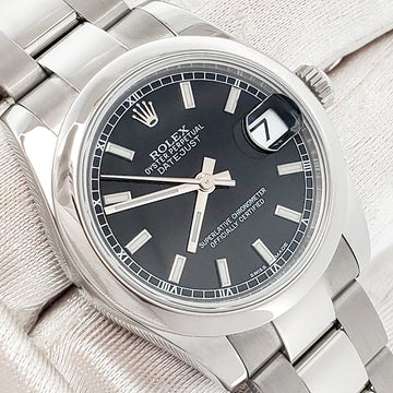 Rolex Datejust Midsize 31mm Black Index Steel Oyster Watch 178240 Papers/Serial Hang Tag
