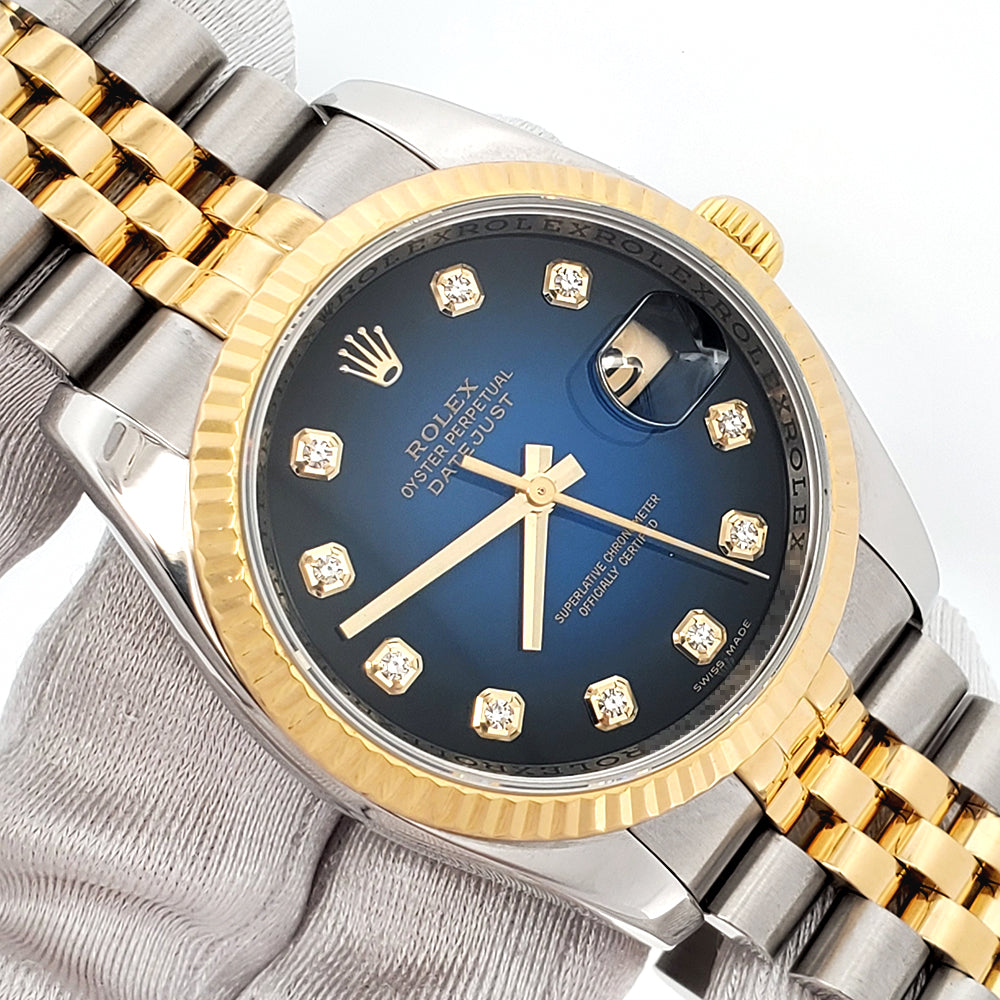 Rolex Datejust Factory Blue Vignette Diamond Dial 2-tone Yellow Gold/Steel Jubilee 36mm Watch 116233 Box/Apr