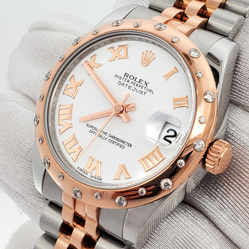 Rolex Datejust 31mm Scattered Diamond Bezel White Roman 2-tone Rose Gold/Steel Watch Box Papers