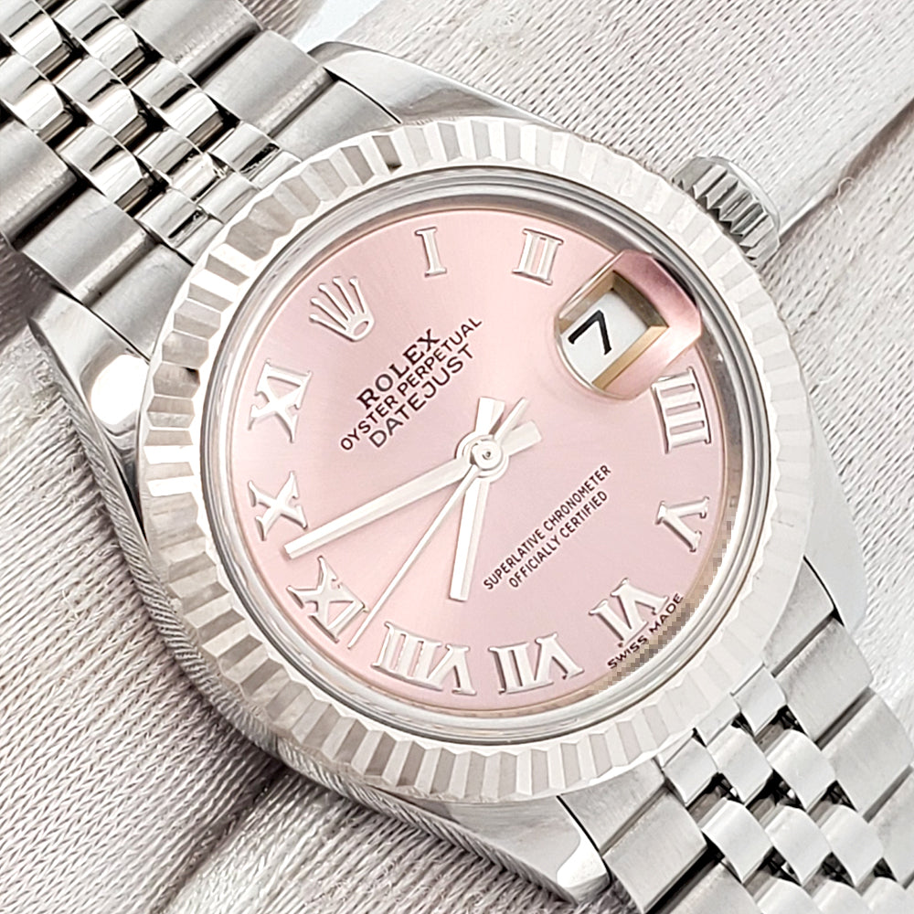 Rolex Datejust 28mm White Gold Bezel Pink Roman Dial Ladies Steel Jubilee Watch 279174 Box Papers
