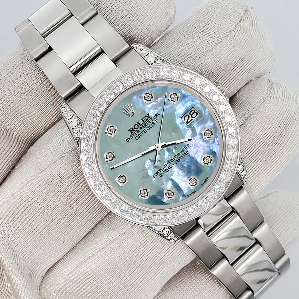 Rolex Datejust Midsize 31mm 2.1ct Diamond Bezel/Lugs Tahitian Blue MOP Dial Steel Oyster Watch