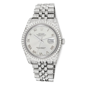 Rolex Datejust 36mm Silver Roman Dial Pave 10.2ct Iced Diamond Jubilee Watch 116200 Box Papers