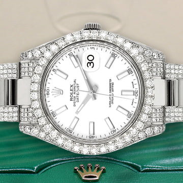 Rolex Datejust II 41mm 10.3CT Diamond Bezel/Case/Bracelet/White index Dial Steel Watch 116300 Box Papers