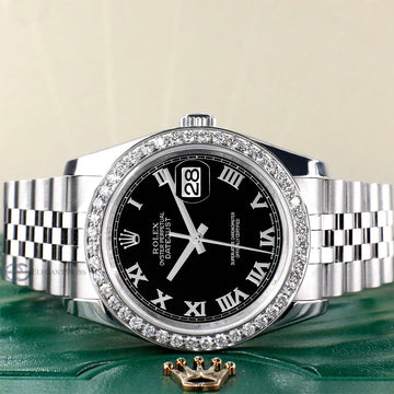 Rolex Datejust 36MM Black Roman Dial Steel Jubilee Watch with 1.85CT Custom Diamond Bezel 116200