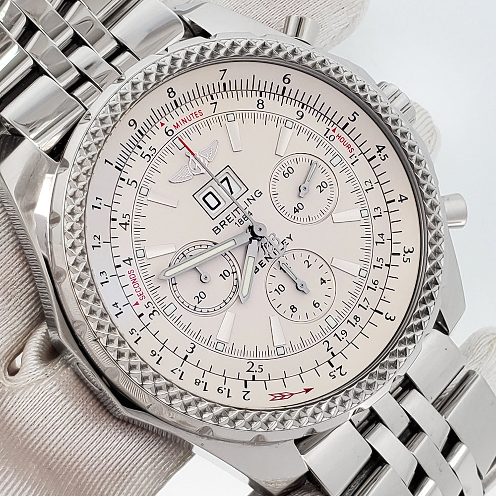 Breitling Bentley 6.75 Chronograph Ivory Dial Big Date 49mm Steel Watch A44362 Box Papers