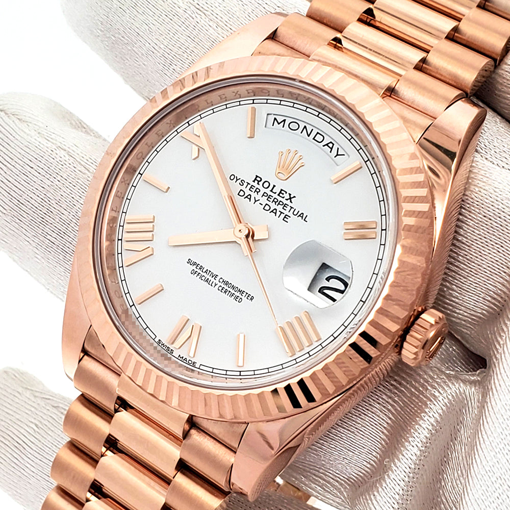 Unworn Rolex Day-Date 40mm 228235 Rose Gold White Roman Dial Watch 2022 Box Papers