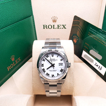 2026 Unworn Rolex Datejust 126234 White Roman White Gold Fluted Bezel Steel Oyster 36mm Watch Box Papers