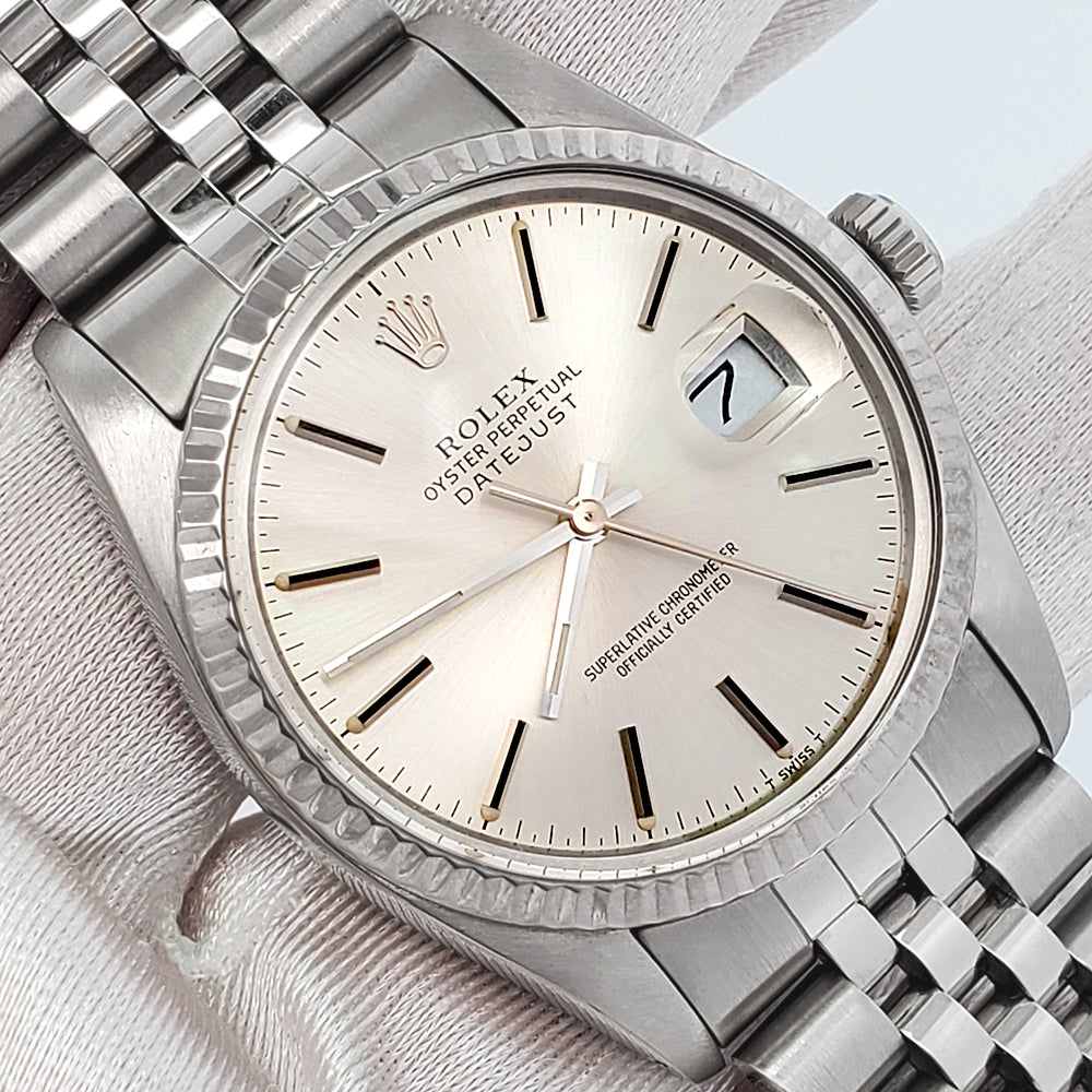 Rolex Datejust 36mm Silver Index Dial White Gold Fluted Steel Jubilee Watch 16014