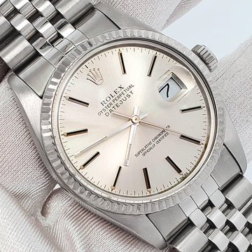 Rolex Datejust 36mm Silver Index Dial White Gold Fluted Steel Jubilee Watch 16014