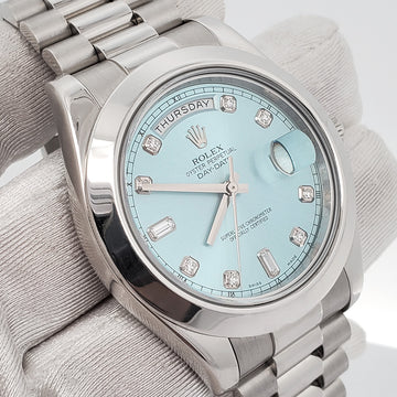 Rolex President Day-Date II 41mm Factory Ice Blue Diamond Dial Platinum Watch 218206 Box Papers