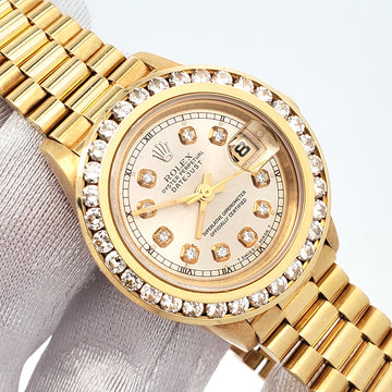 Rolex President Ladies 26mm Custom Silver Diamond Dial /Bezel Yellow Gold Watch 69178 Box Papers
