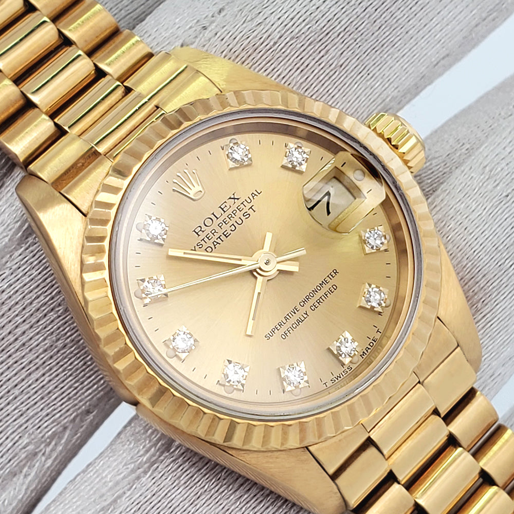 Rolex President Ladies 26mm Factory Champagne Diamond Dial Yellow Gold Watch 69178