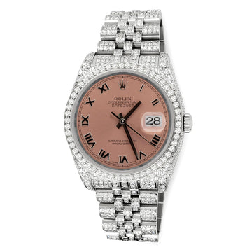 Rolex Datejust 36mm Pave 10.2ct Iced Diamond Salmon Roman Dial Jubilee Watch 116200 Box Papers