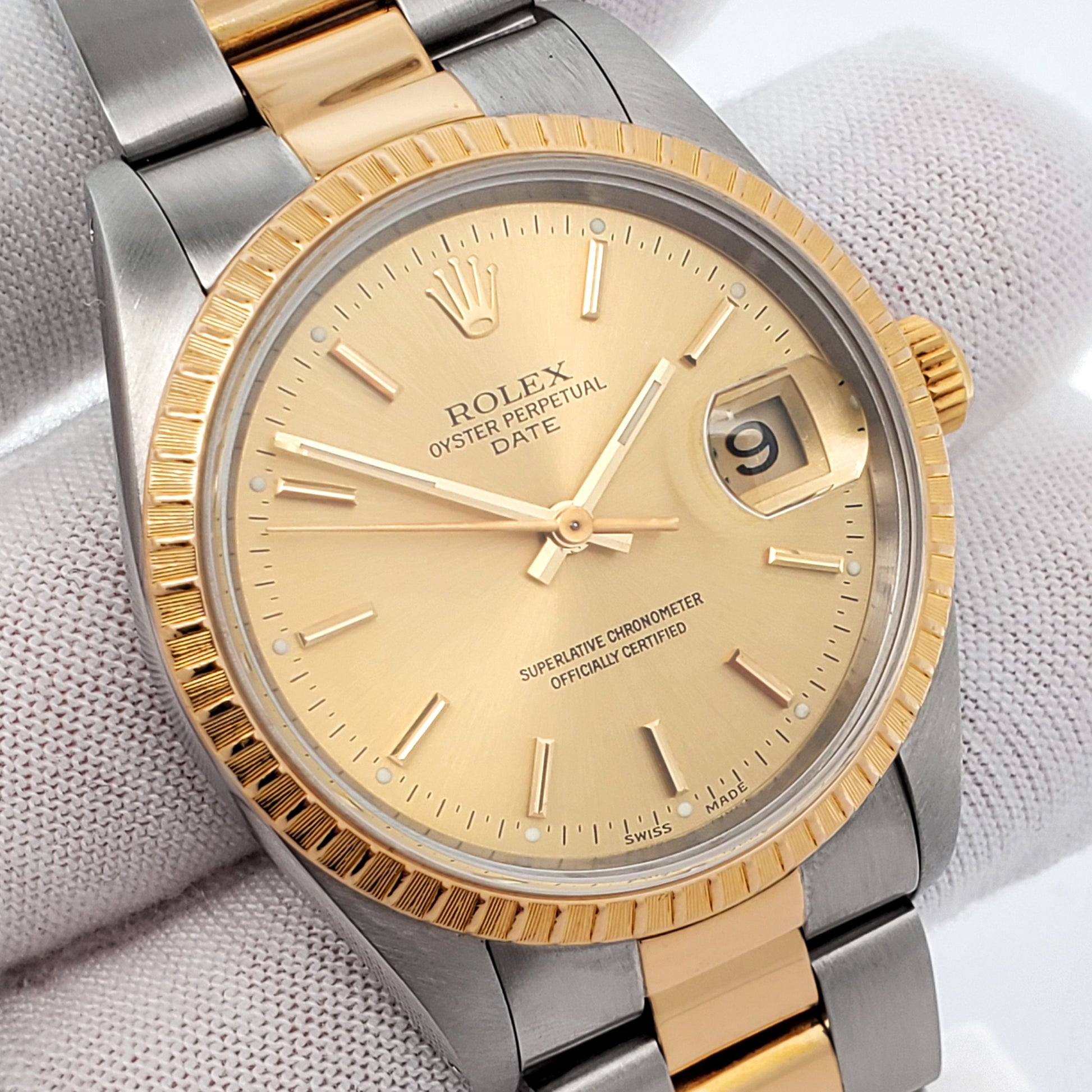 Rolex Date 34mm 2-Tone Yellow Gold Champagne Dial Watch 15223