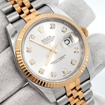 Rolex Datejust 36mm Silver Diamond Dial 2-Tone Yellow Gold/Steel Jubilee Watch 116233 Box Papers