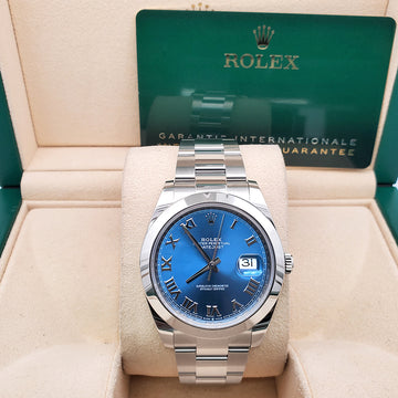 2022 Rolex Datejust 41 126300 Blue Roman Dial Steel Oyster Watch Box Papers