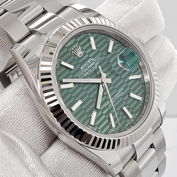 Unworn Rolex Datejust 41 126334 Green Motif Index Dial Steel Watch 2023 Box Papers