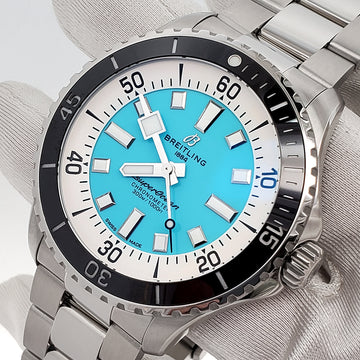 Breitling Superocean 44mm Turquoise Dial Steel Mens Watch A17376 Box Papers