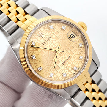 1987 Rolex Datejust Factory Champagne Jubilee Diamond Dial Yellow Gold/Steel 31mm Watch 68273 Box Papers