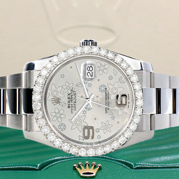 Rolex Datejust 116200 36mm 2.7ct Diamond Bezel/Silver Floral Dial Steel Oyster Watch