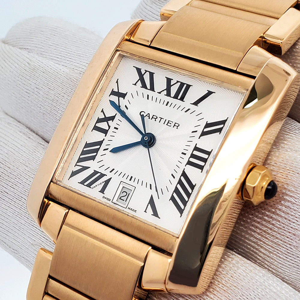 Cartier Large Tank Francaise White Roman 28mm Yellow Gold Watch 1840 Box Booklet