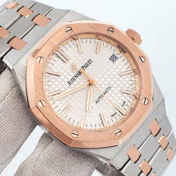 Audemars Piguet Royal Oak 37mm Silver Dial Two-Tone Rose Gold/Steel Watch 15450SR.OO.1256SR.01 Box Papers