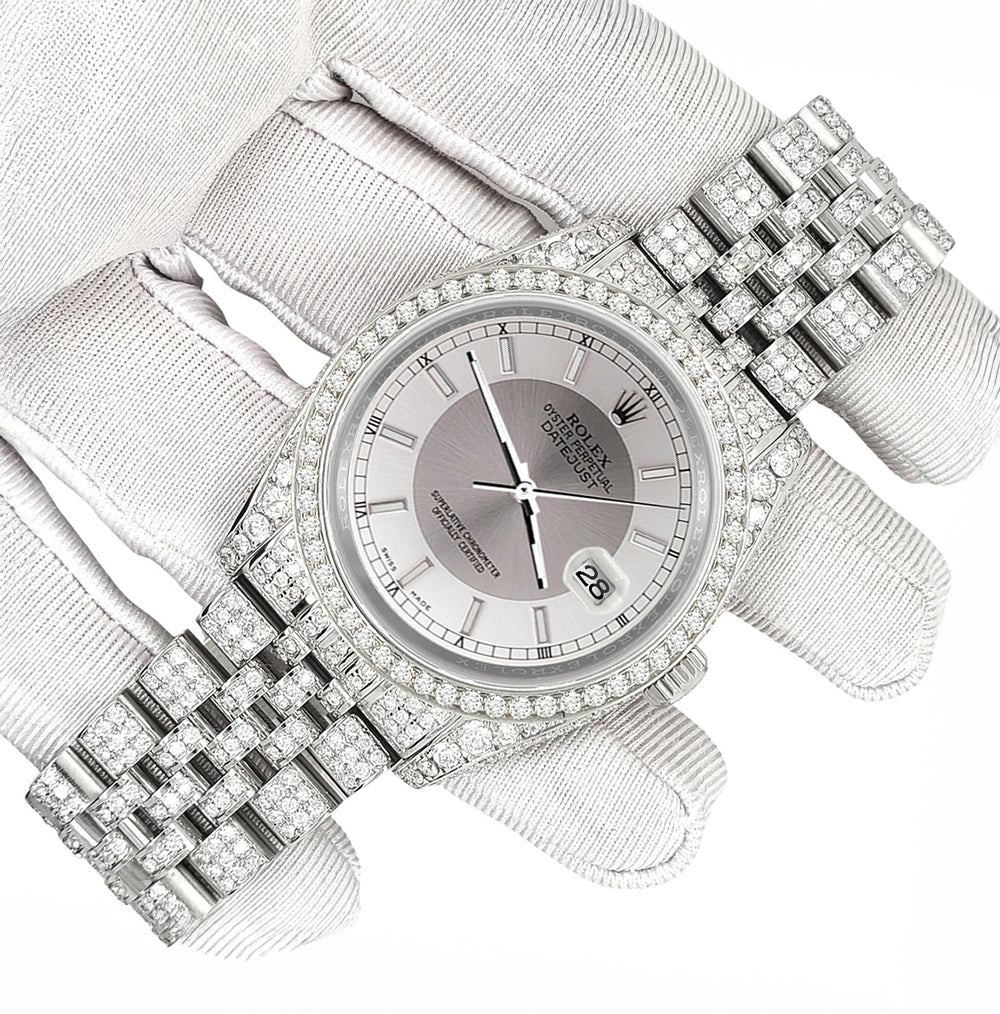 Rolex Datejust 36mm Pave 10.2ct Iced Diamond Silver Tuxedo Dial Jubilee Watch 116200 Box Papers