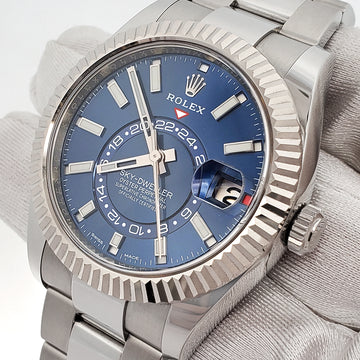 2021 Rolex Sky-Dweller 42mm 326934 Blue Index White Gold Fluted Bezel Steel Oyster Watch Box Papers