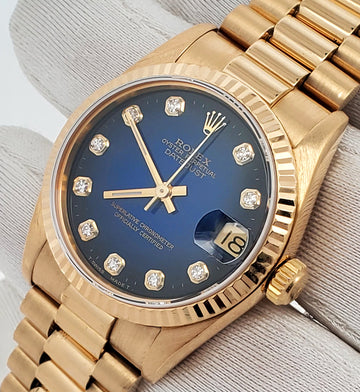 Rolex President Datejust 31mm 68278 Factory Blue Vignette Diamond Dial Yellow Gold Watch