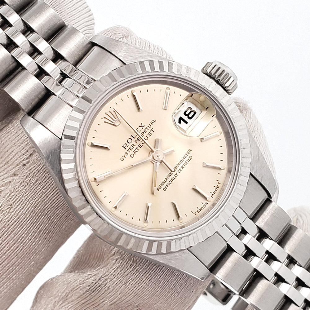 Rolex Datejust Silver Index Dial/White Gold Fluted Bezel/Steel Jubilee 26mm Watch 69174 Serial Tag