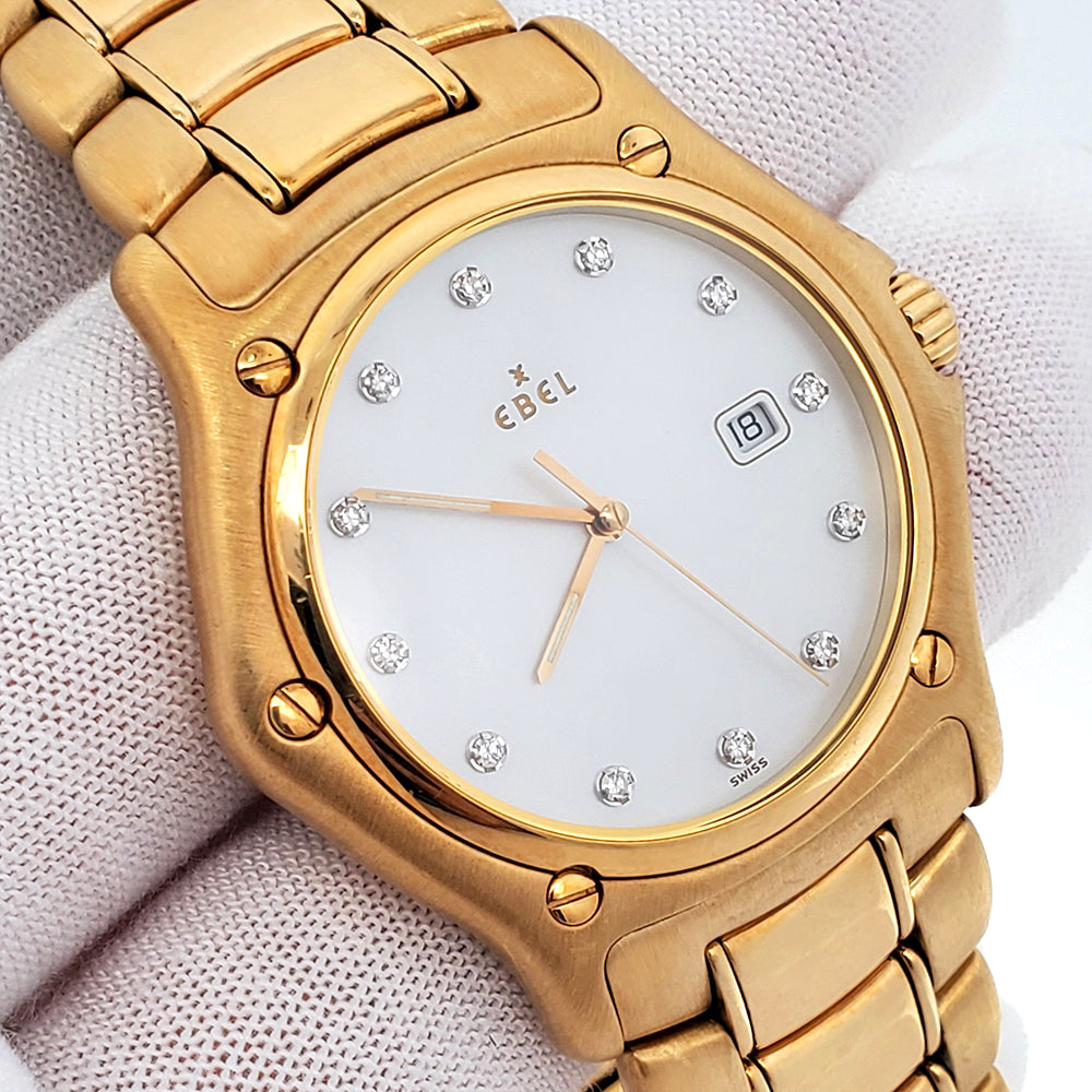 Ebel Factory White Mother of Pearl Diamond Dial 18k Yellow Gold Quartz 1911 37mm Watch 887902